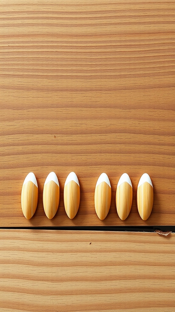 Negative space almond french tip nails with a wooden background