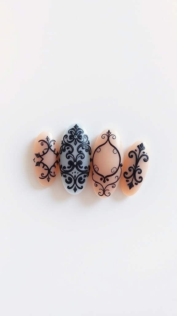 Five almond-shaped nails with black intricate designs on a nude base.
