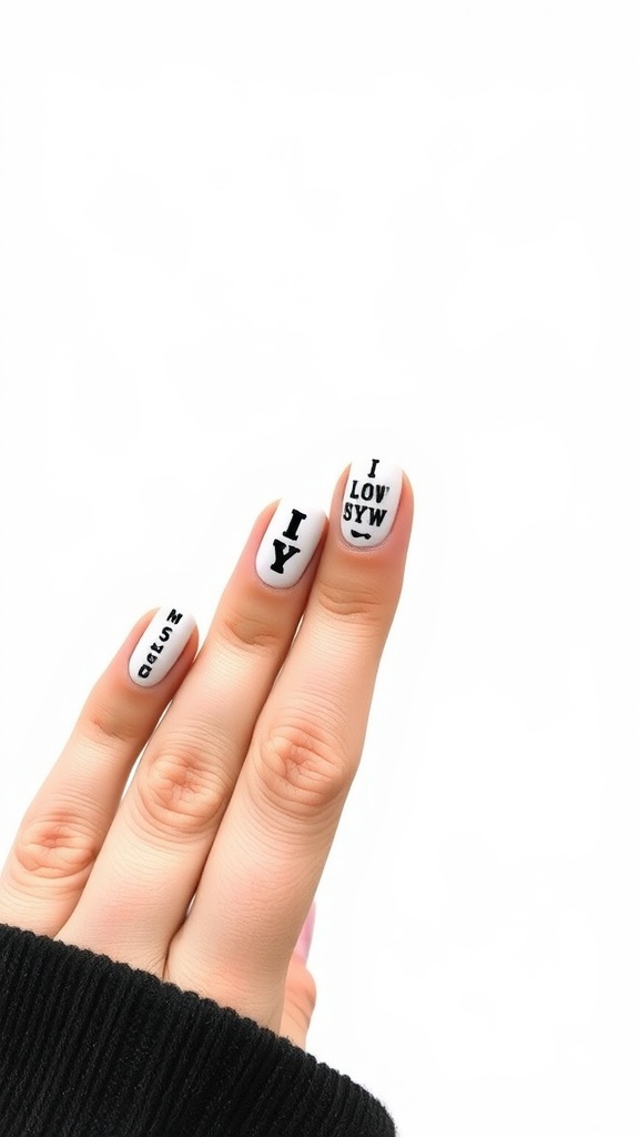 Close-up of short nails with white polish and black letters spelling out a playful phrase.