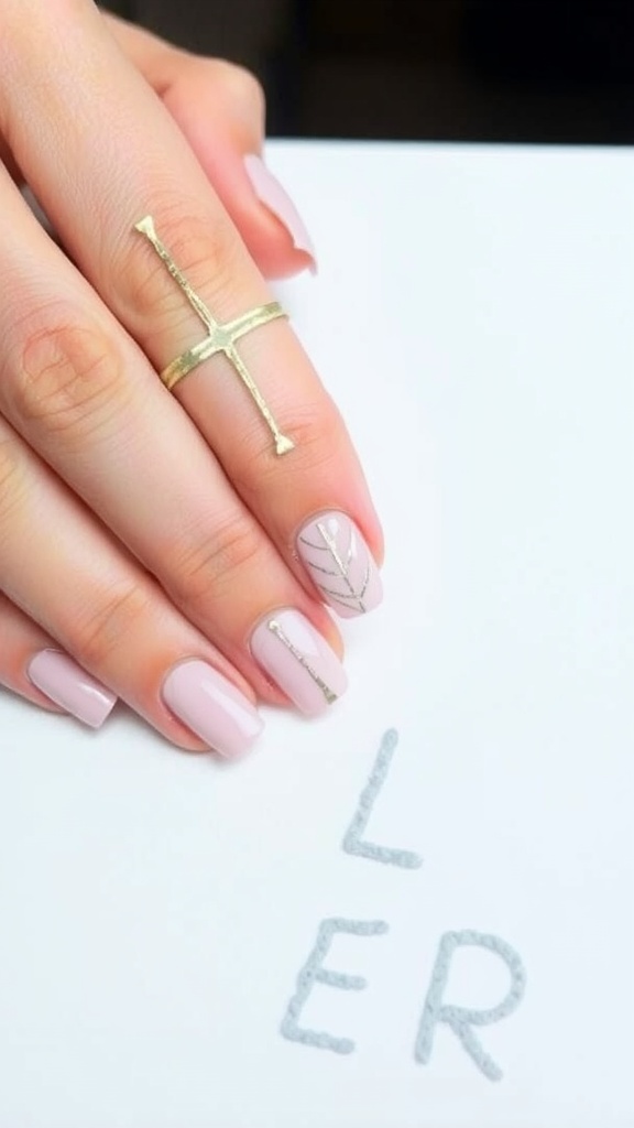 Close-up of a hand with negative space French nail design featuring soft pink polish and gold accents.