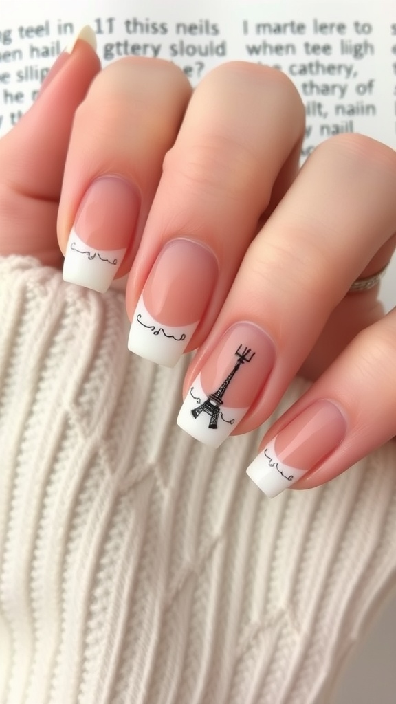 Nails featuring negative space French tips with Eiffel Tower design