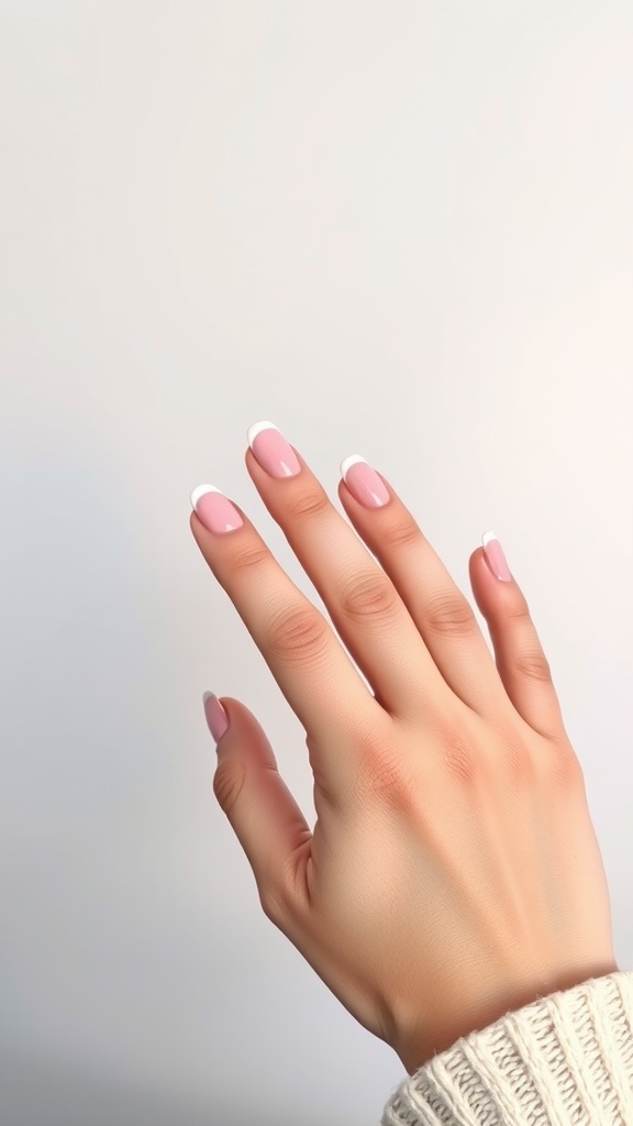 A hand showing off negative space French tip acrylic nails with a pink base and white tips.