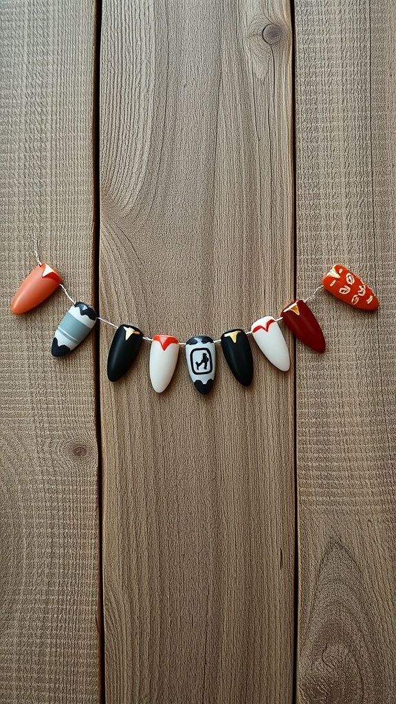 A collection of decorative fake nails showcasing negative space French tips in various colors and designs