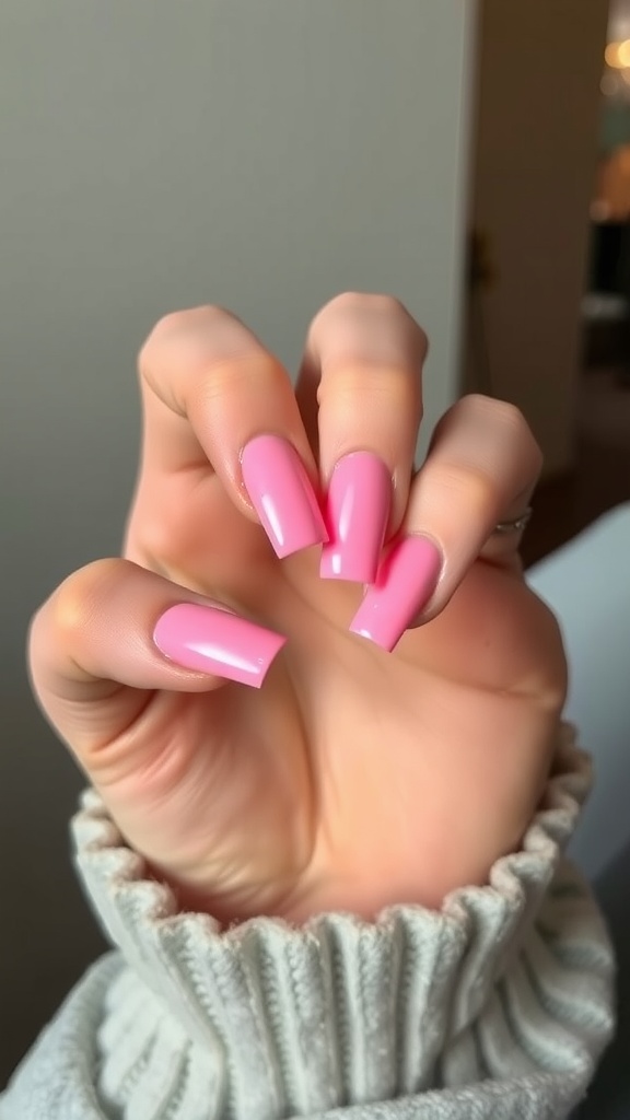A hand showing off square pink chrome nails with negative space design