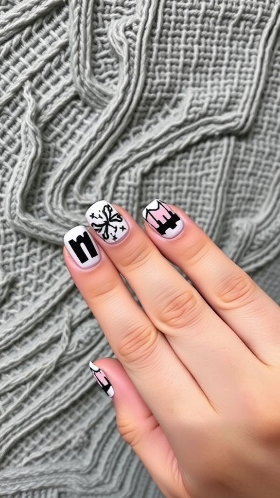 Image of negative space nail designs featuring black and white patterns.
