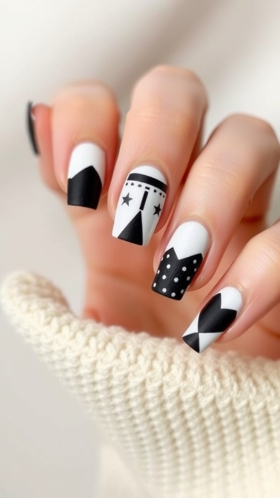 Image of stylish black and white negative space nail art with geometric patterns.