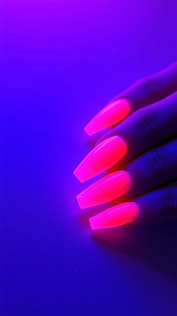 A close-up of vibrant pink neon acrylic nails against a dark background.