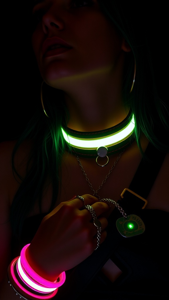 A close-up of a person wearing neon glow-in-the-dark accessories, including a choker and bracelets, set against a dark background.