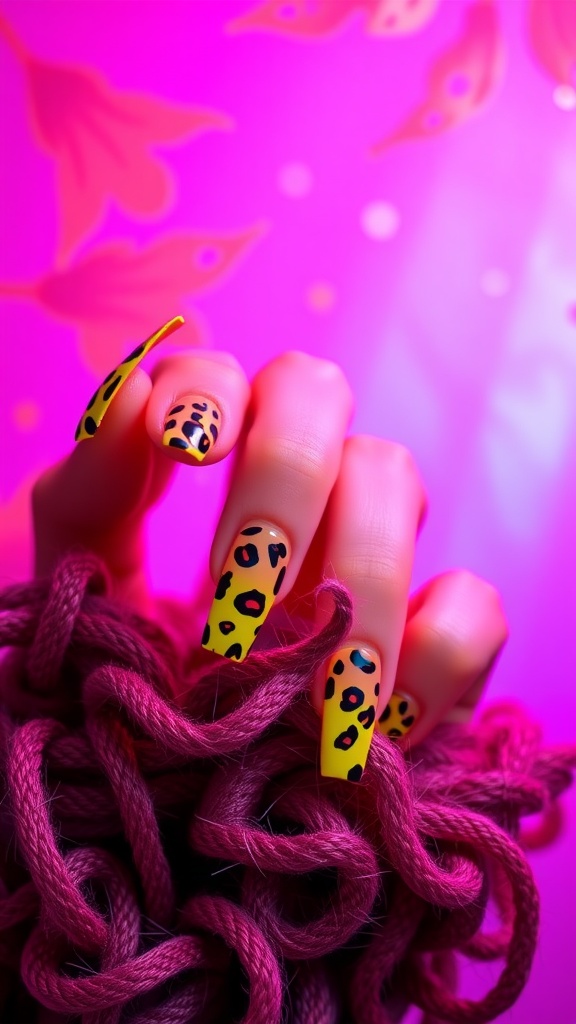 A close-up of medium coffin nails featuring neon yellow with black and red leopard print accents, set against a pink background.