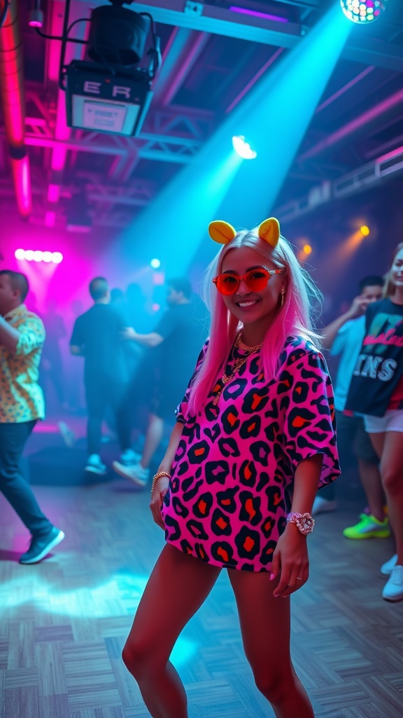 A person wearing a bright pink and black leopard print outfit at a lively rave party with neon lights.