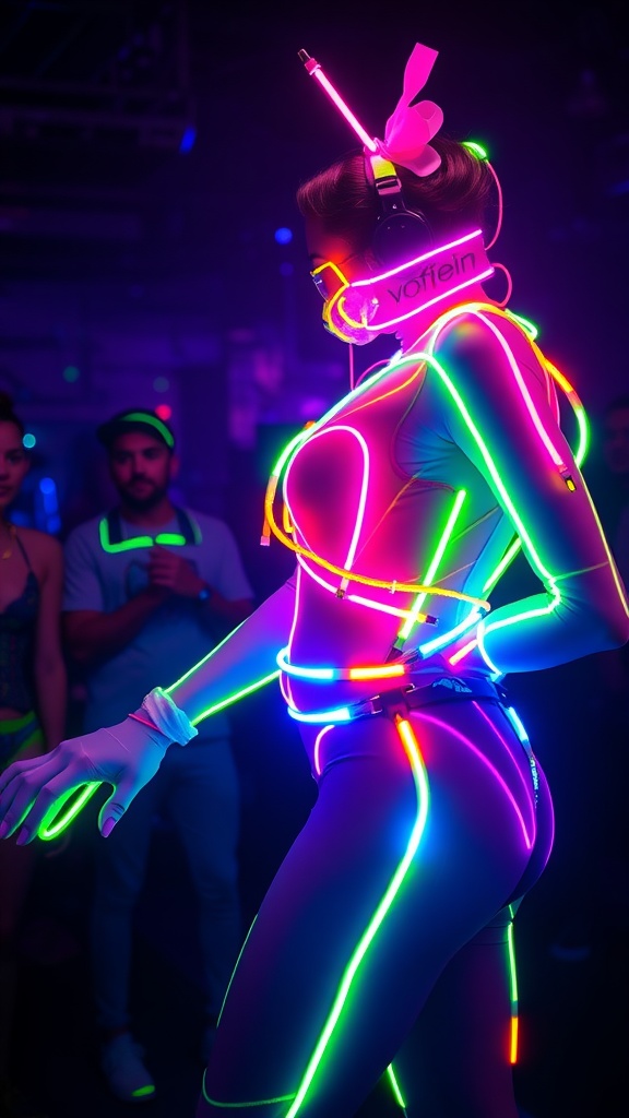A person wearing a neon bodysuit with glow sticks, dancing at a rave