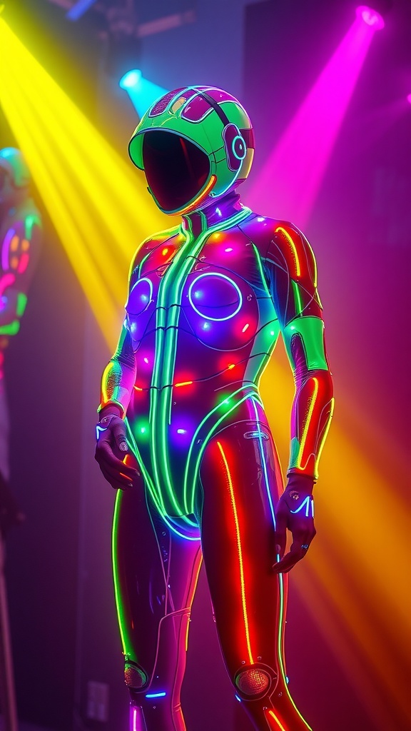 A model in a neon bodysuit with LED accents under colorful lights