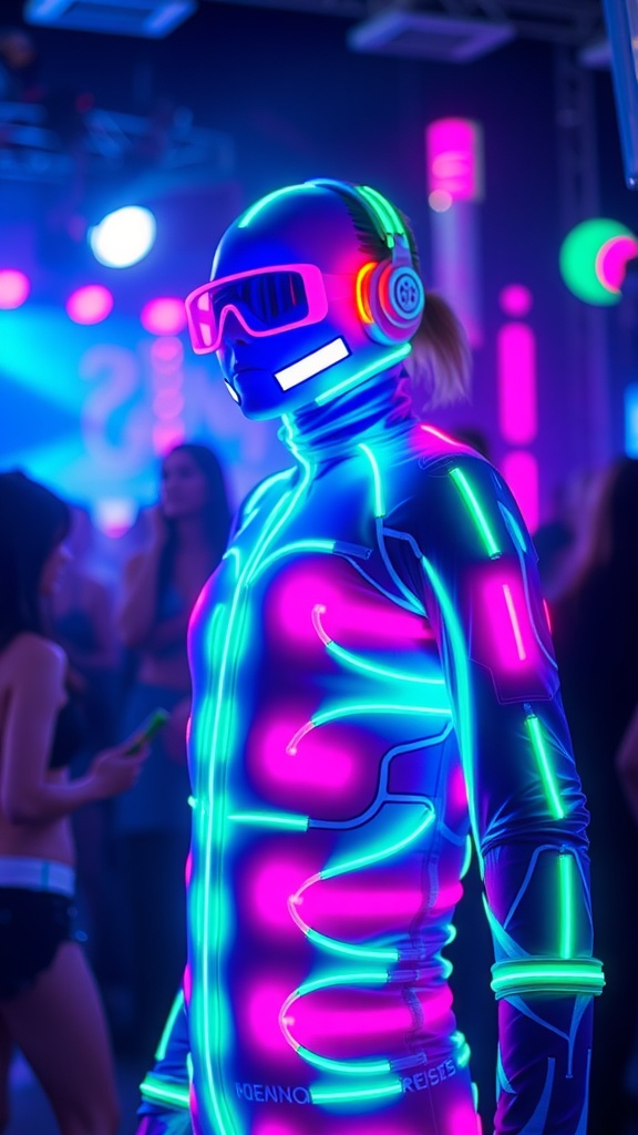 A person wearing a neon bodysuit with LED accessories at a rave party.