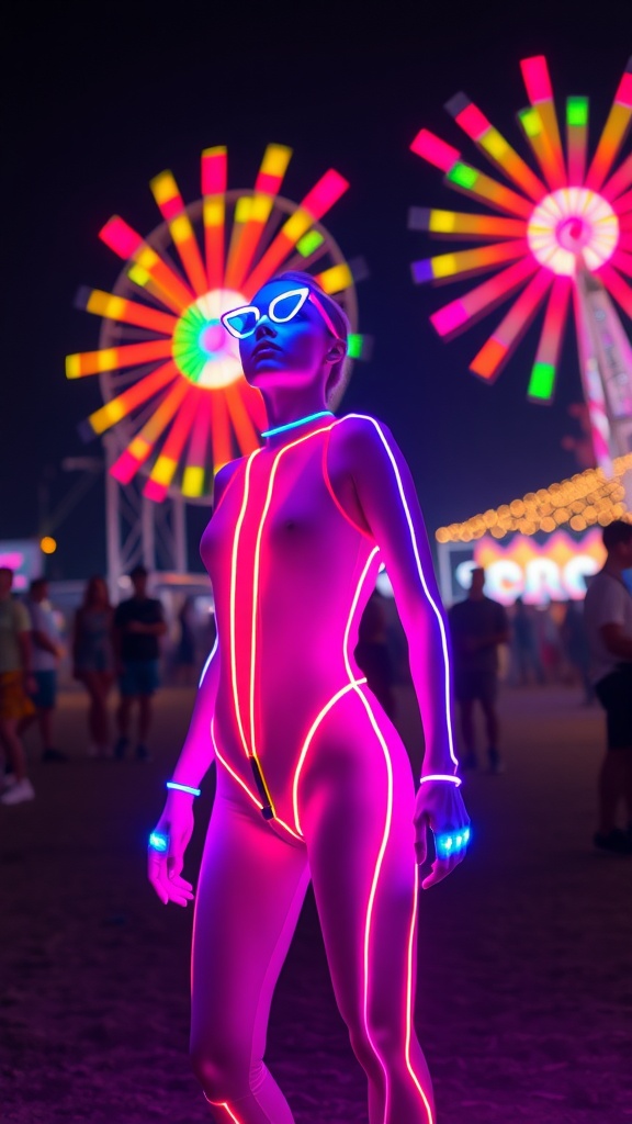 A model in a neon bodysuit with LED accessories at a festival, with colorful ferris wheel lights in the background.
