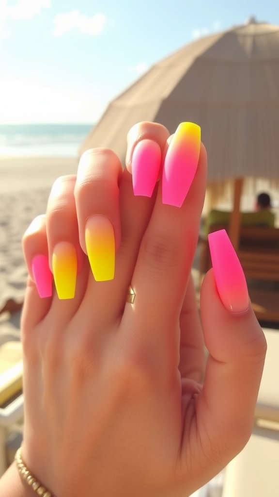 A close-up of vibrant pink and yellow ombre coffin nails on a sunny beach.