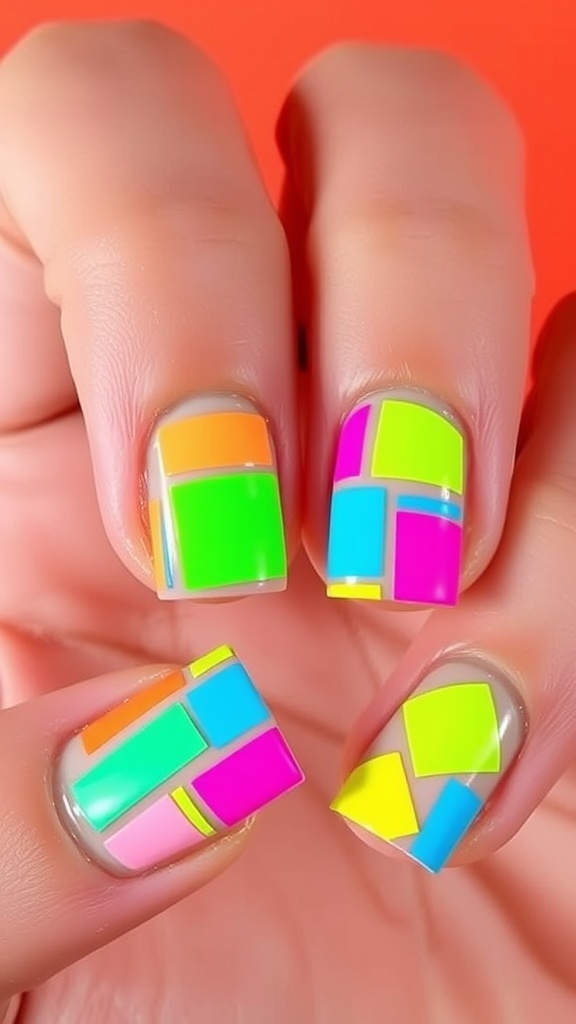 Colorful neon block nail design with bright pink, green, blue, orange, and yellow.