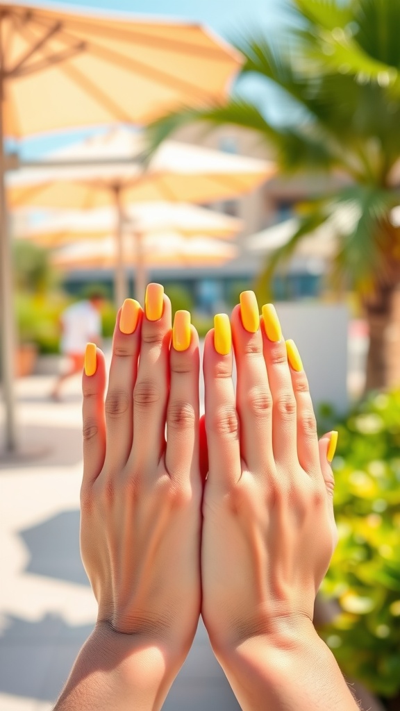 Hands with neon yellow acrylic nails against a sunny backdrop
