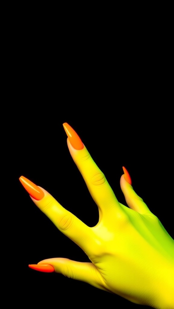 Close-up of a hand with stiletto nails painted in neon orange and yellow colors against a black background.