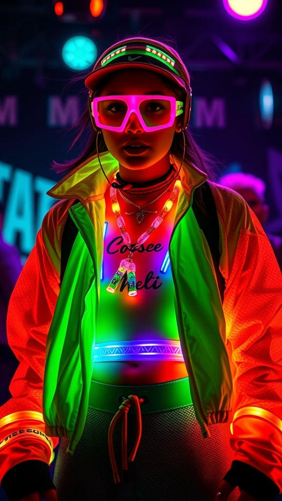 A person wearing a vibrant neon outfit featuring a bright green jacket and glowing accessories at a rave.