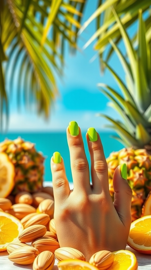 A hand with neon green almond nails surrounded by tropical fruits and palm leaves.