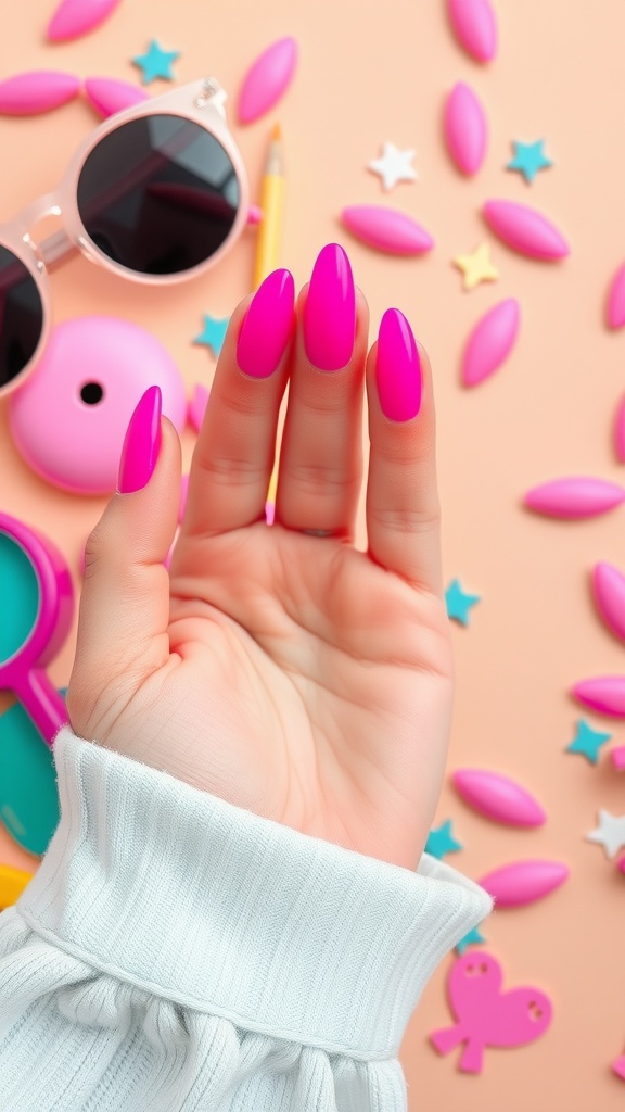 Close-up of a hand with neon pink almond nails, surrounded by colorful accessories on a pastel background