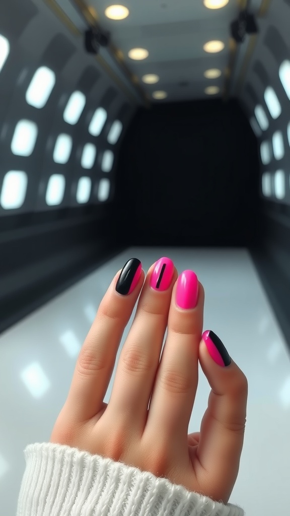 A hand with neon pink and black almond-shaped nails in a modern setting