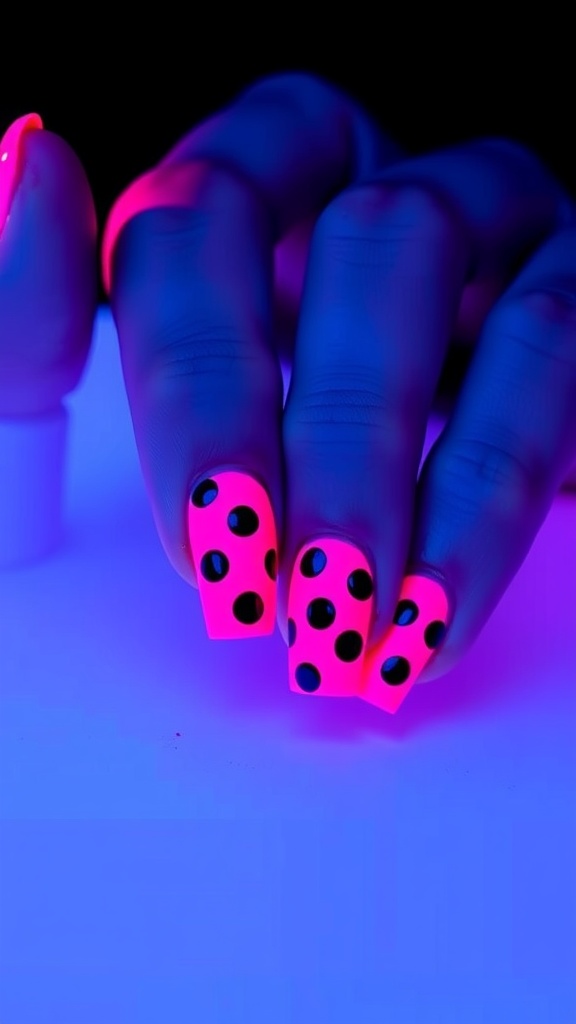 Vibrant neon pink nails with black polka dots.