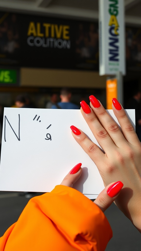 Close-up of a hand with neon red nails holding a white card, with a blurred background of people and signage.