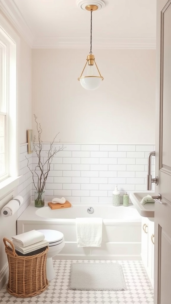 A small farmhouse bathroom featuring a neutral color palette with soft whites and light grays, subway tiles, and natural elements.
