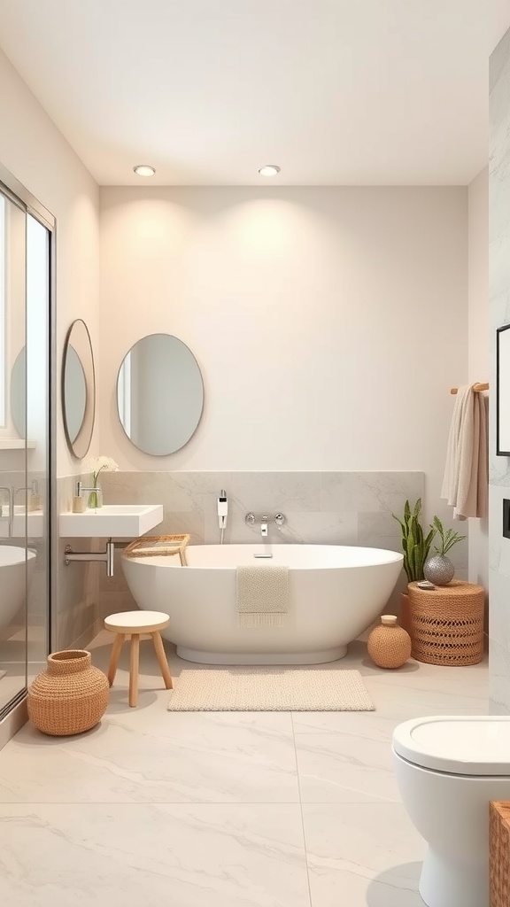 A clean and modern bathroom with a neutral color palette, featuring a large bathtub, mirrors, and natural accents.