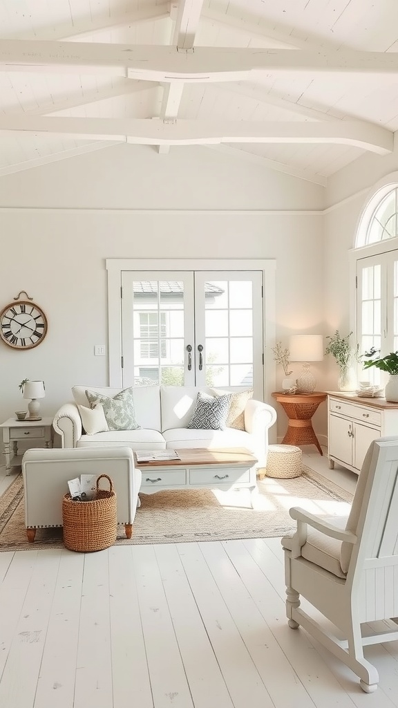A bright farmhouse living room with a neutral color palette featuring a cozy couch, wooden coffee table, and natural light.