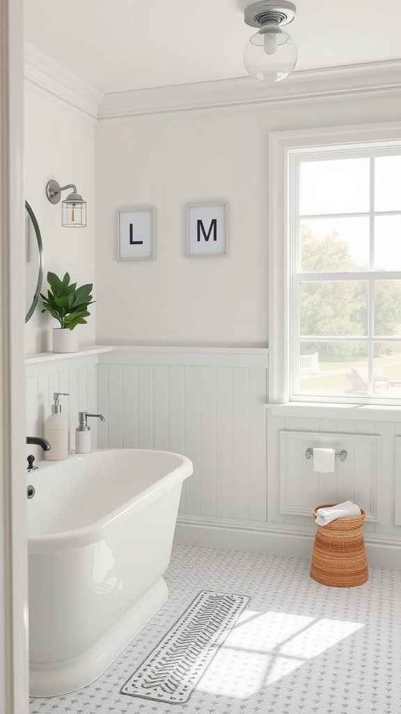 A modern farmhouse bathroom featuring a freestanding bathtub, neutral color palette, and minimalist decor.