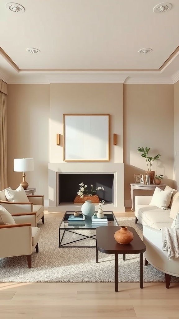A serene living room with neutral color palette, featuring beige walls, light furniture, and simple decor.