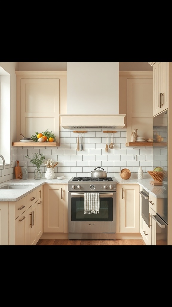 A modern farmhouse kitchen featuring beige cabinets, white subway tiles, and natural accents.