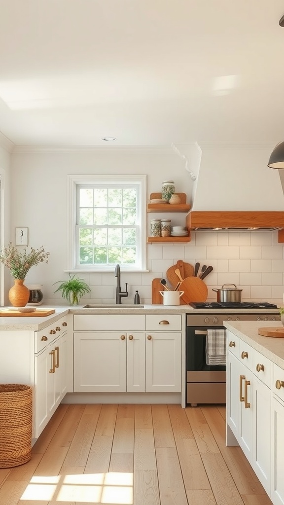 A modern farmhouse kitchen featuring white cabinetry, light wood flooring, and warm accents.