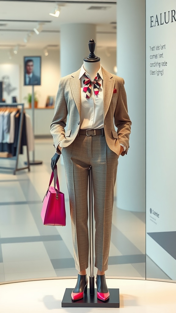 Business casual outfit featuring a beige suit, white shirt, pink handbag, and pink shoes on a mannequin.