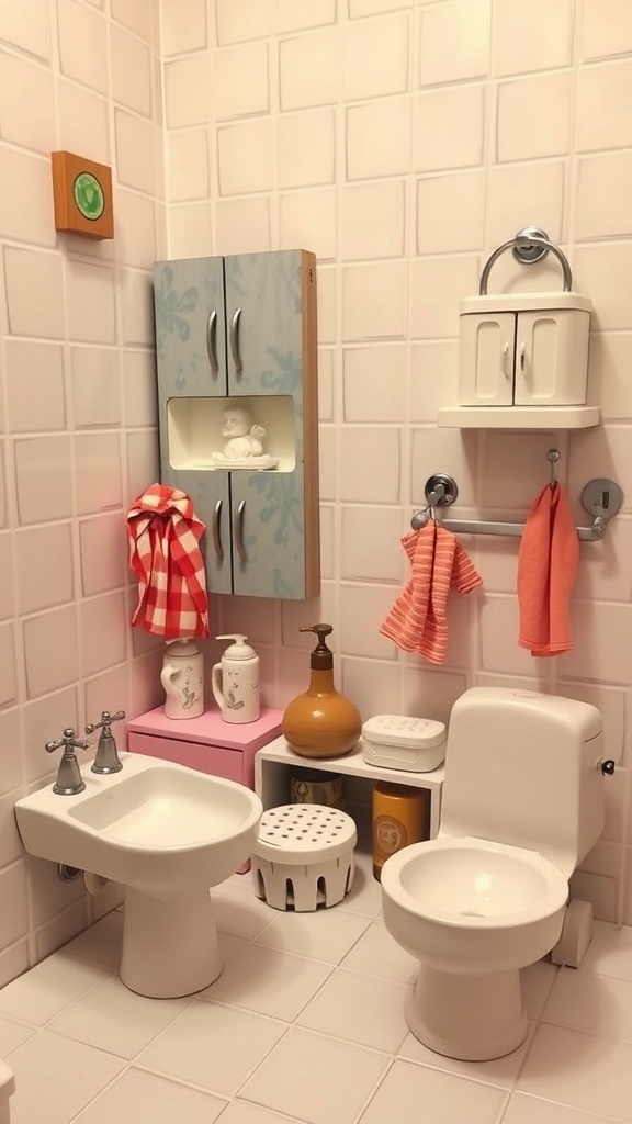 A nostalgic 70s bathroom with pastel pink tiles, colorful towels, and whimsical decor items.