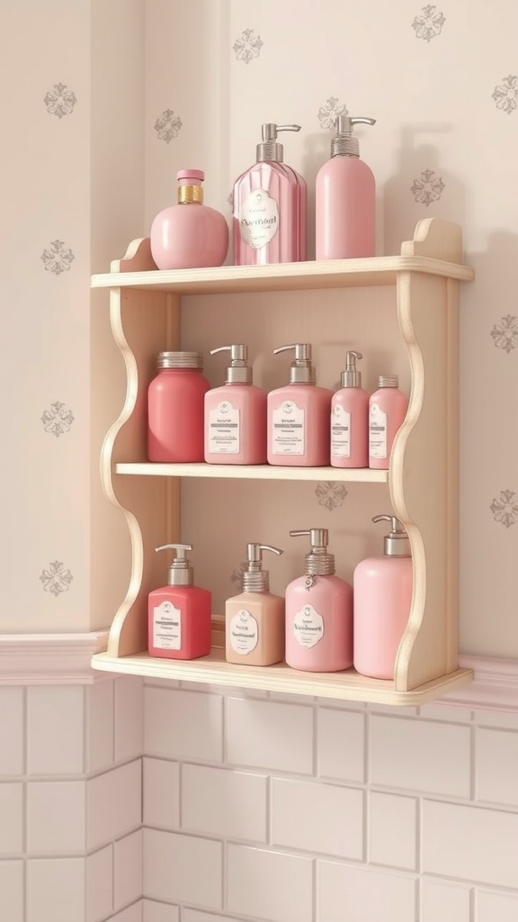 A charming shelf displaying an assortment of pink toiletries in a retro bathroom setting.