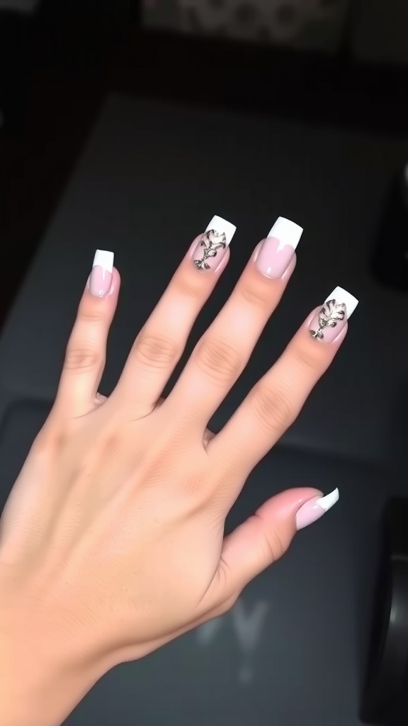 A hand showcasing nude acrylic nails with white tips and decorative designs.