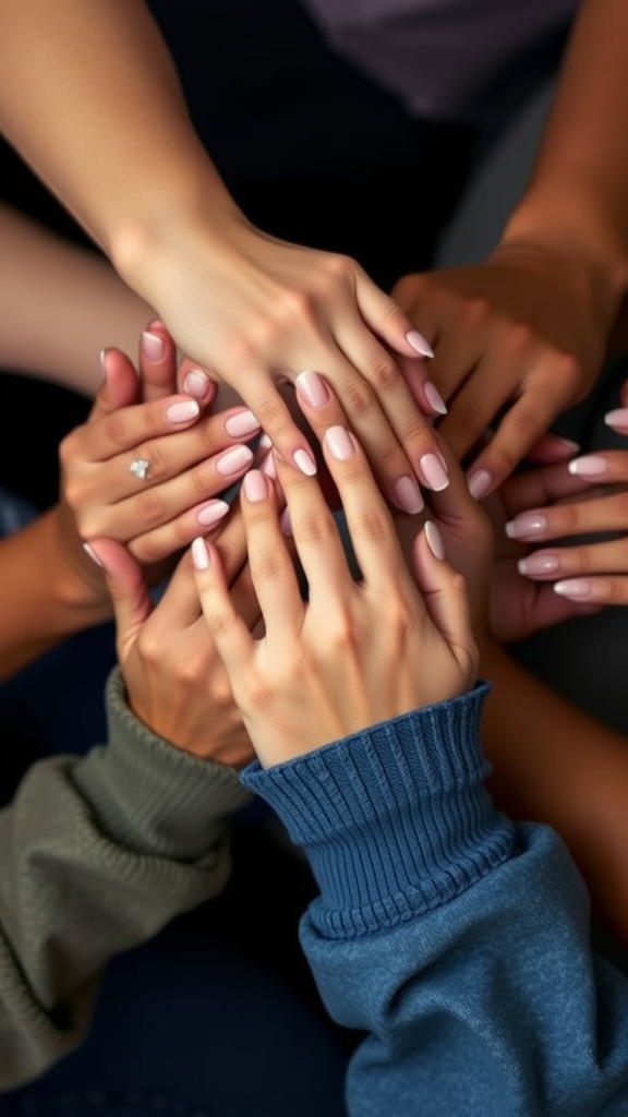 A group of hands showing off nude acrylic nails in various shades, highlighting diversity.