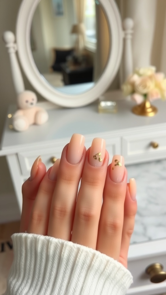 Nude almond nails with gold accents, styled with a cozy white sweater.