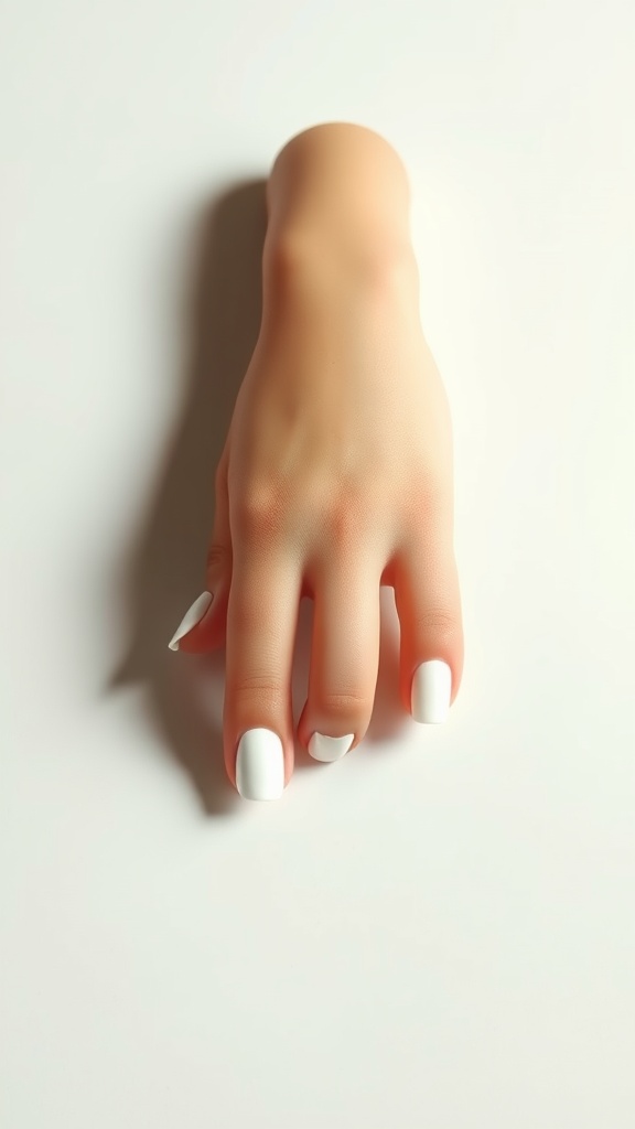 Close-up of a hand with nude base and white tip nails