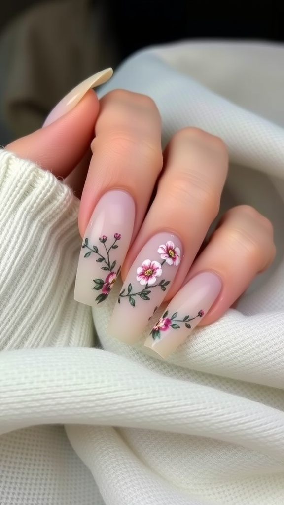 Nude coffin nails adorned with floral art, showcasing a delicate and elegant design