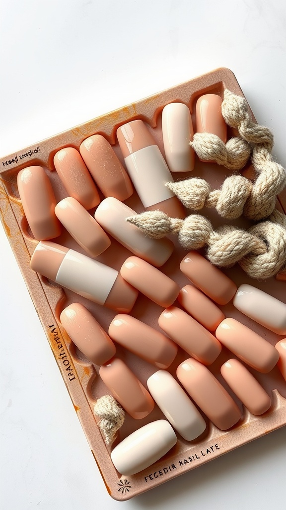 A variety of nude nail tips in different shades of peach and cream, arranged neatly with a rope