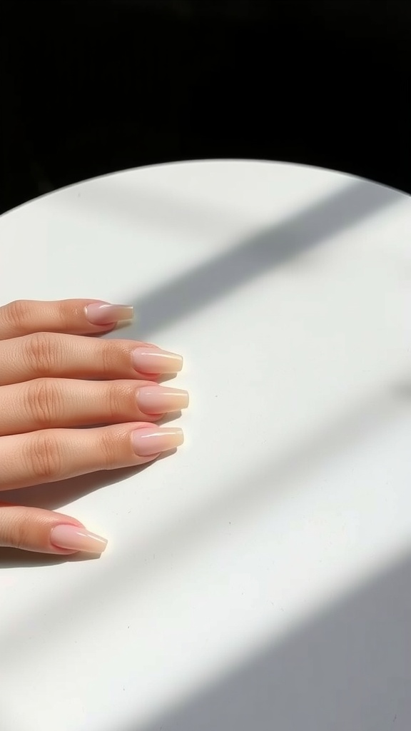 A hand with nude nails resting on a white surface in natural light