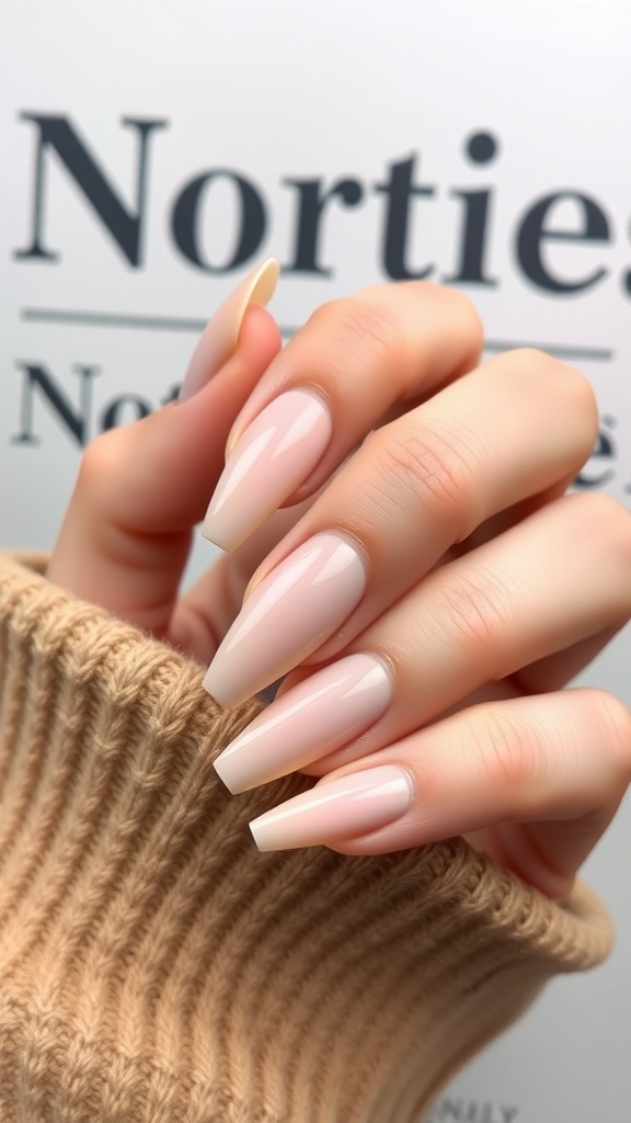 Nude nails on short fingers with a soft gloss finish, paired with a cozy knitted sweater.