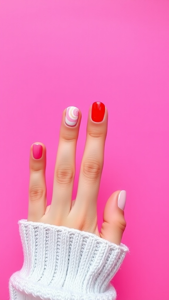 A hand with nude nails featuring bold pink and red accent colors, highlighted against a pink background.