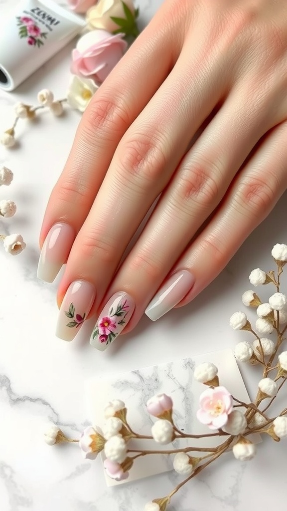 Nude nails with delicate floral nail art