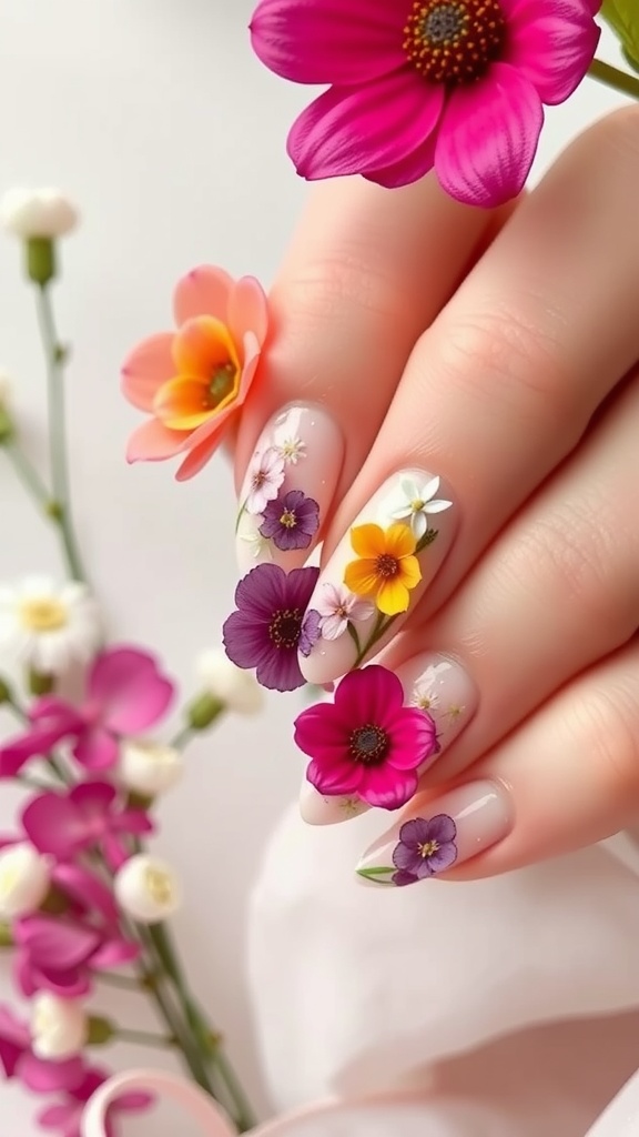 Nude nails with colorful floral designs, featuring vibrant flowers in pink, purple, and yellow against a soft background.