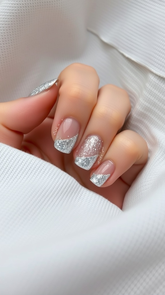 A close-up of hands showing nude nails with glitter tips, laid against a white fabric background.